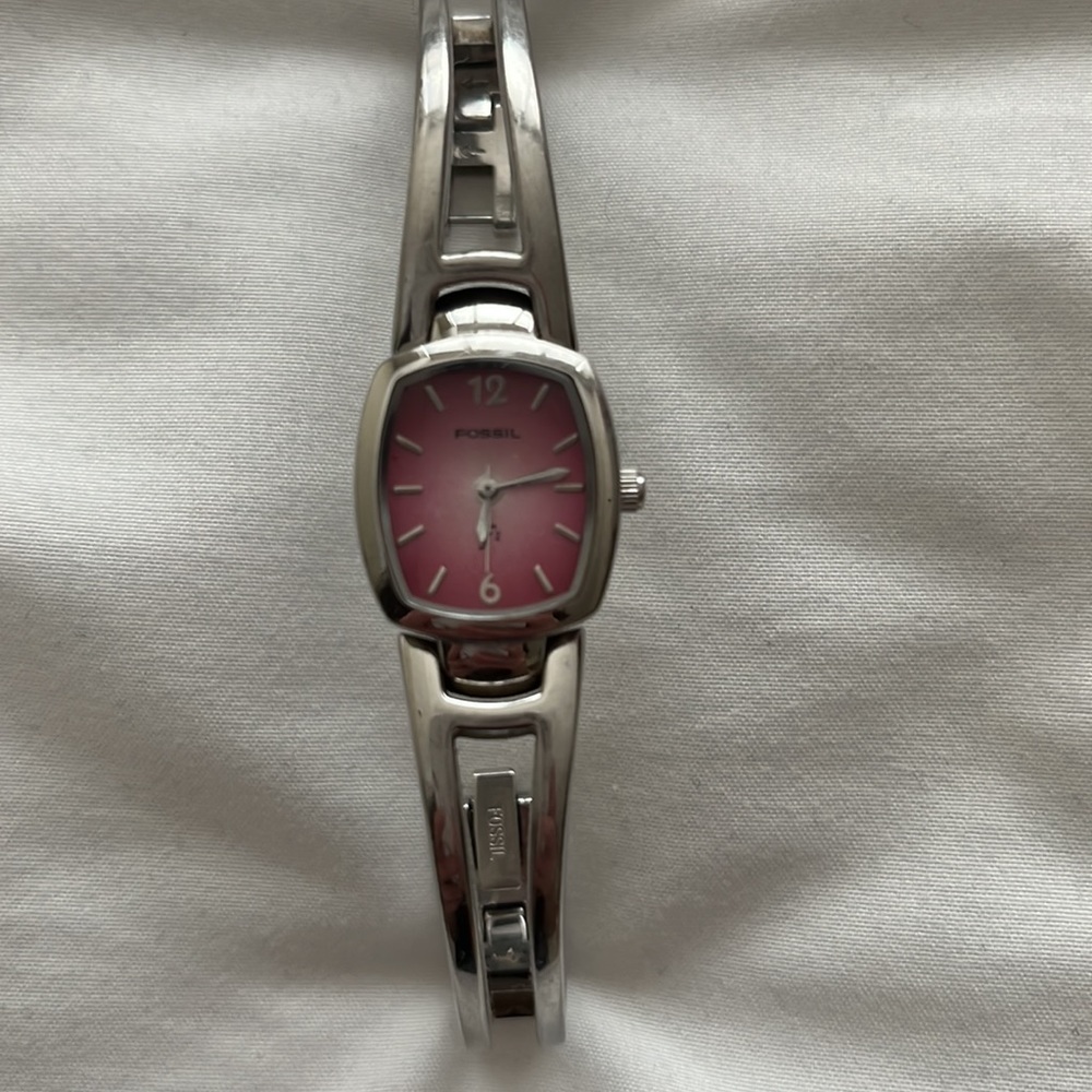 Silver Fossil Watch with Pink Face